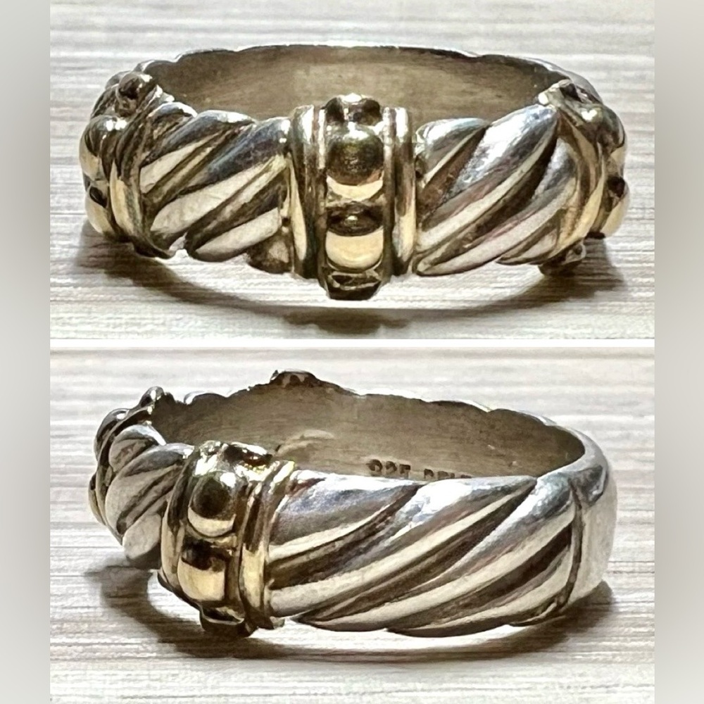 Designer Signed Sterling Silver & 10K Yellow Gold Dotted Cable Ring, Size 6.5